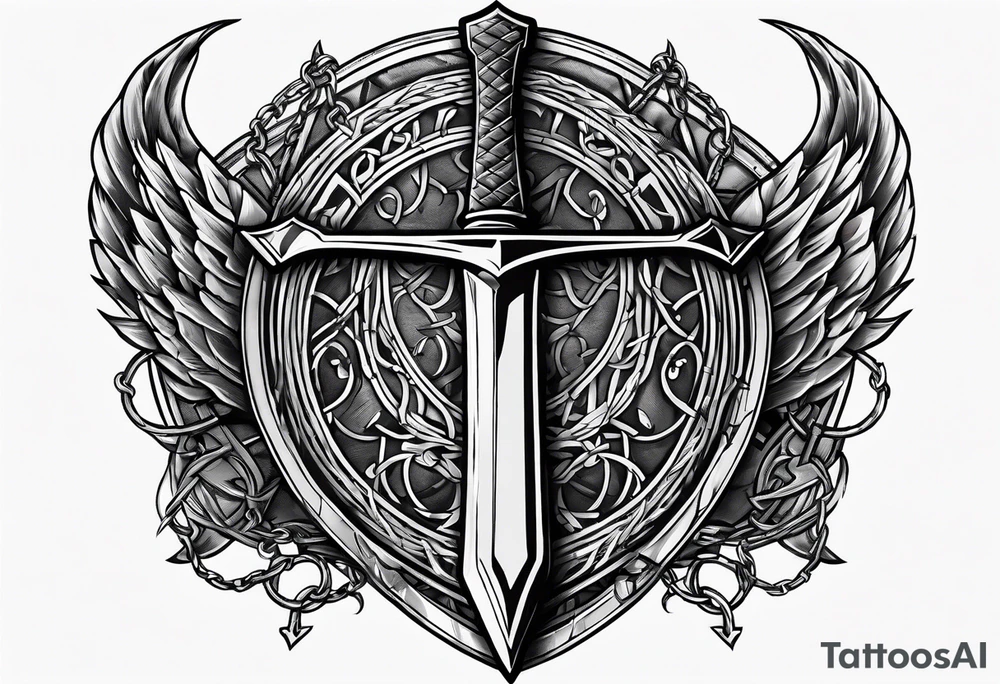 Valhalla sword shield axe barbed wire chain tattoo idea