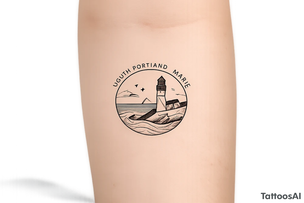 South Portland maine city circular symbol with lighthouse on it tattoo idea