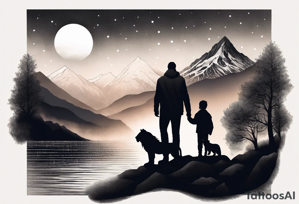 a father and son in the mountains with  a waterfall and cross in the background and a sunset designed into the shape of a lion head tattoo idea