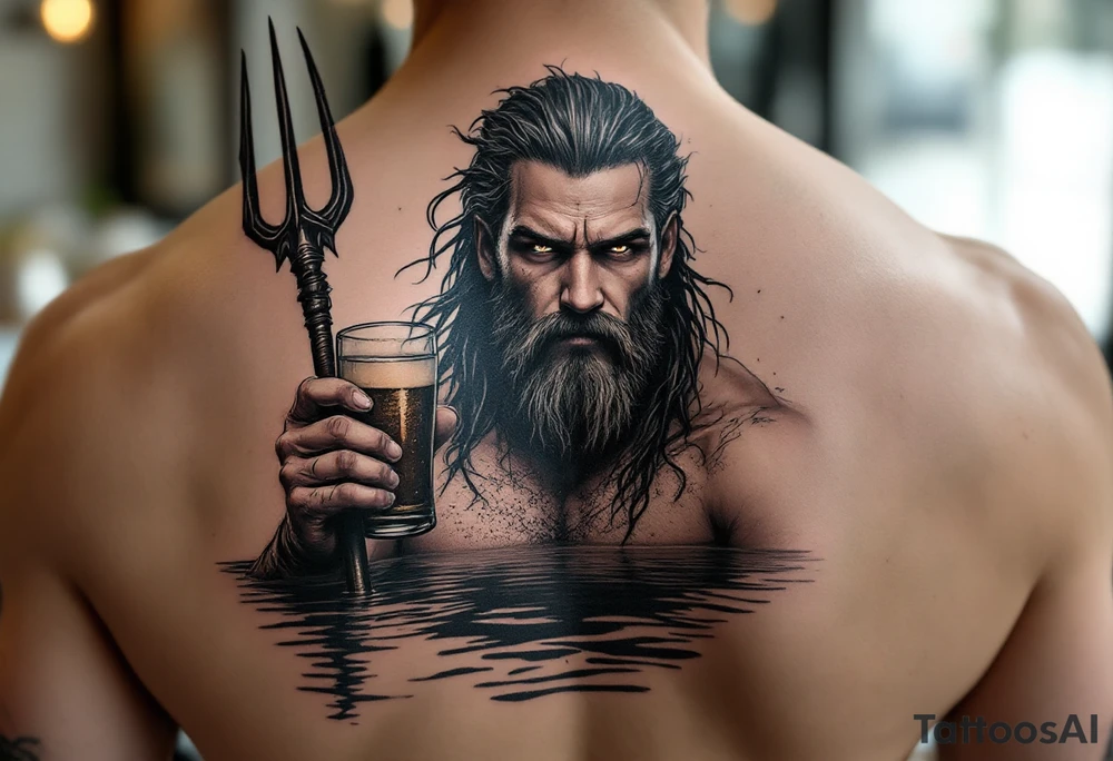young, fit poseidon in calm water, holding a trident, holding a beer, looking in your eyes tattoo idea