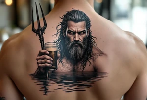 young, fit poseidon in calm water, holding a trident, holding a beer, looking in your eyes tattoo idea