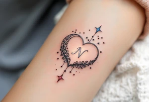 A celestial heart with a moon and stars, featuring a glowing silver letter "N" in the center, embodying a love written in the stars. tattoo idea