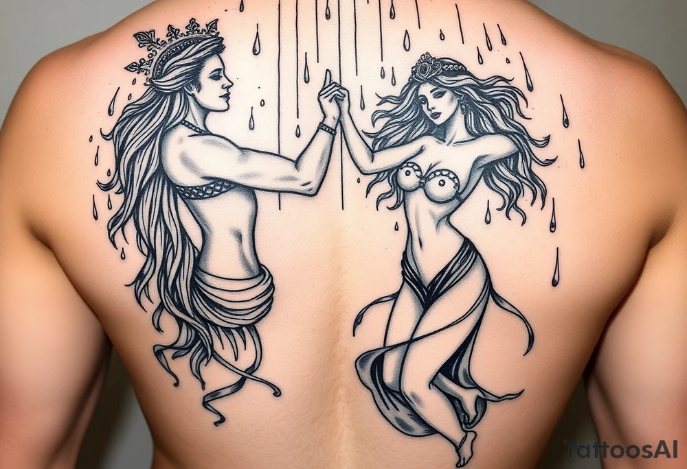 Two beautiful souls a God and a goddess dancing in the rain with pure Bliss depicting the masculinity of the male and erotic female tattoo idea