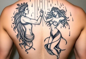 Two beautiful souls a God and a goddess dancing in the rain with pure Bliss depicting the masculinity of the male and erotic female tattoo idea