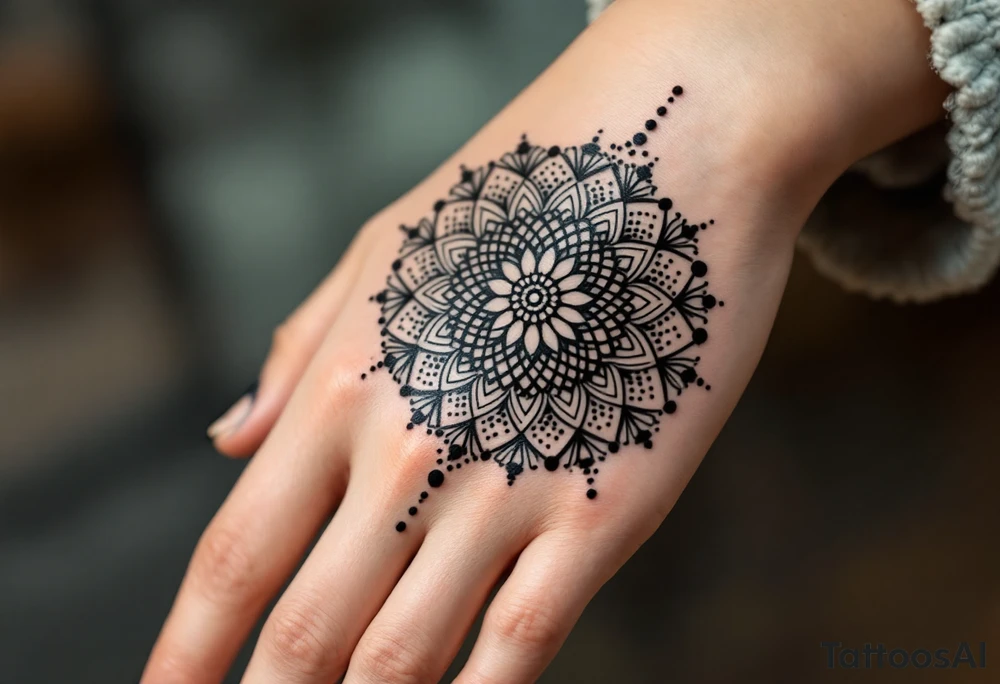 Mandala dot pattern in dark green and black on the hand – Geometric and meditative, representing balance. tattoo idea