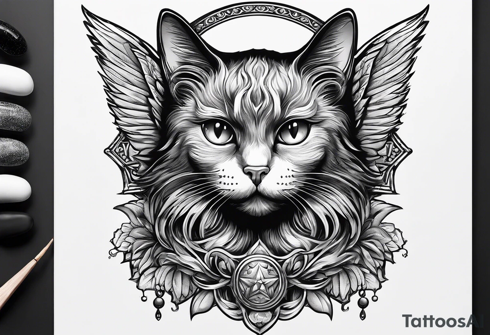 black cat with angel halo tattoo idea