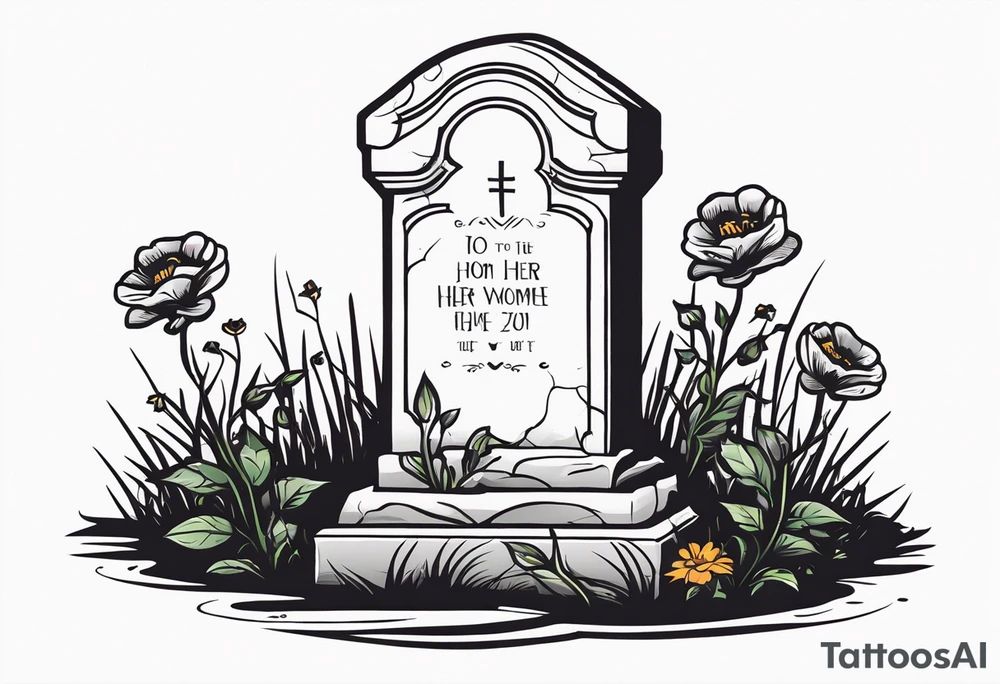 gravestone, gravestone has vines and flowers on it, skeleton hand coming out of the ground, the gravestone says “i’ll crawl home to her tattoo idea