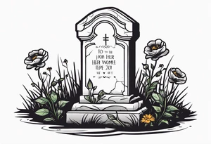 gravestone, gravestone has vines and flowers on it, skeleton hand coming out of the ground, the gravestone says “i’ll crawl home to her tattoo idea