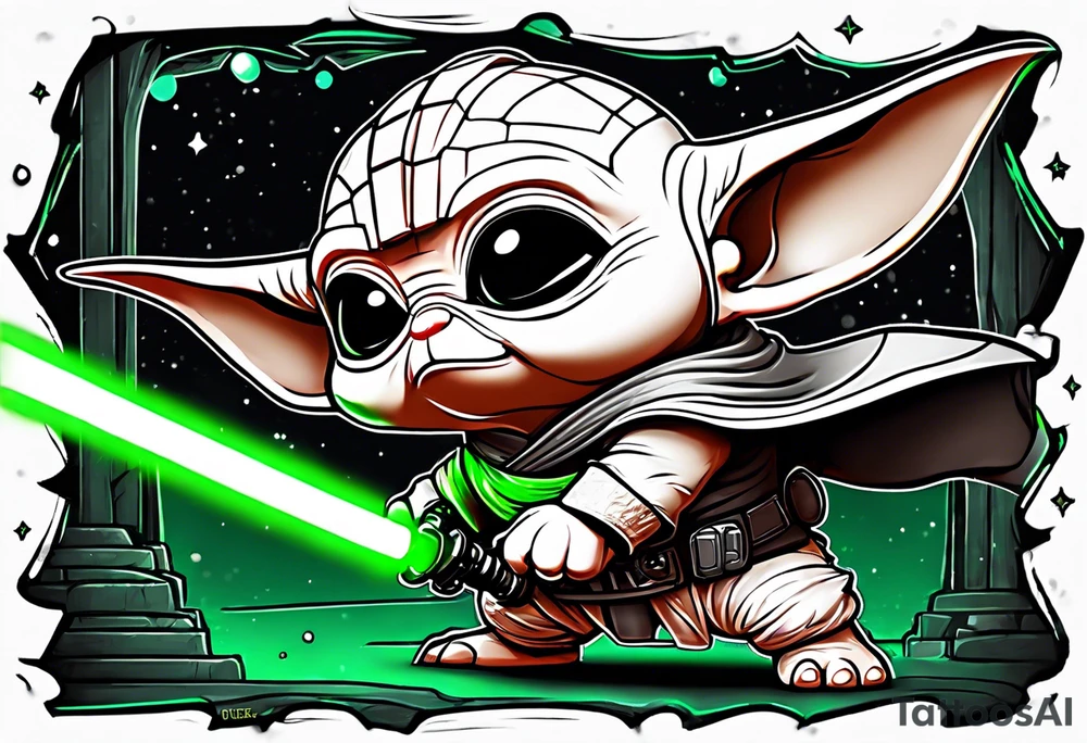 Baby grogu fighting Darth Vader while wielding a green lightsaber tattoo idea