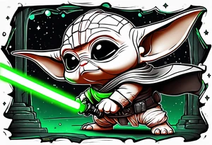 Baby grogu fighting Darth Vader while wielding a green lightsaber tattoo idea