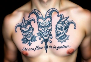 jester see no evil hear no evil speak no evil laugh now cry later together tattoo idea