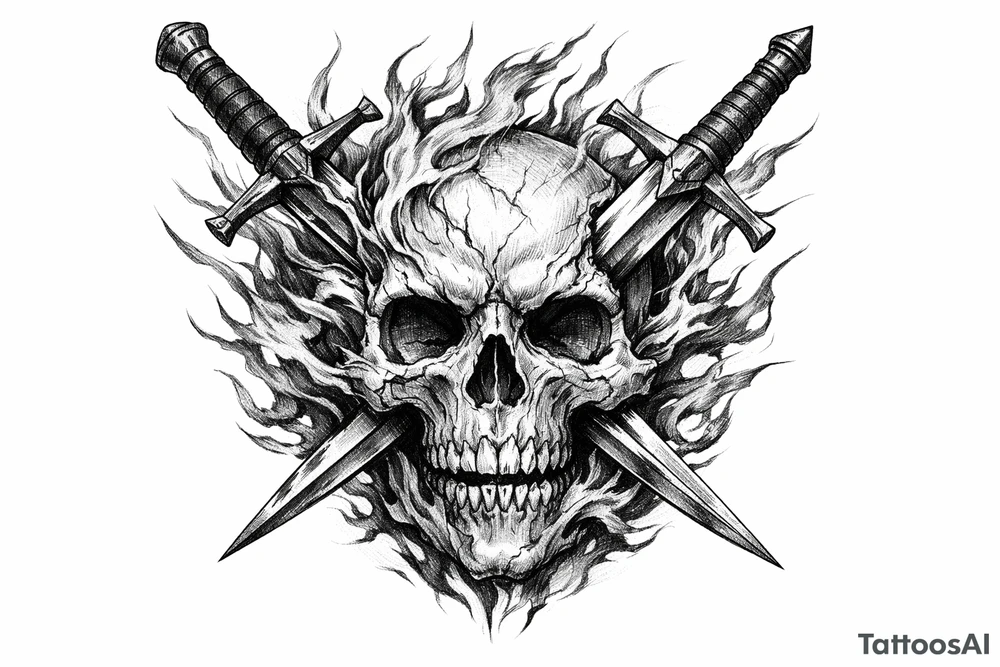A dynamic composition of a skull with fiery tendrils, and two swords piercing through it. tattoo idea