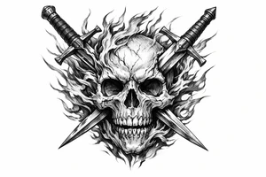 A dynamic composition of a skull with fiery tendrils, and two swords piercing through it. tattoo idea