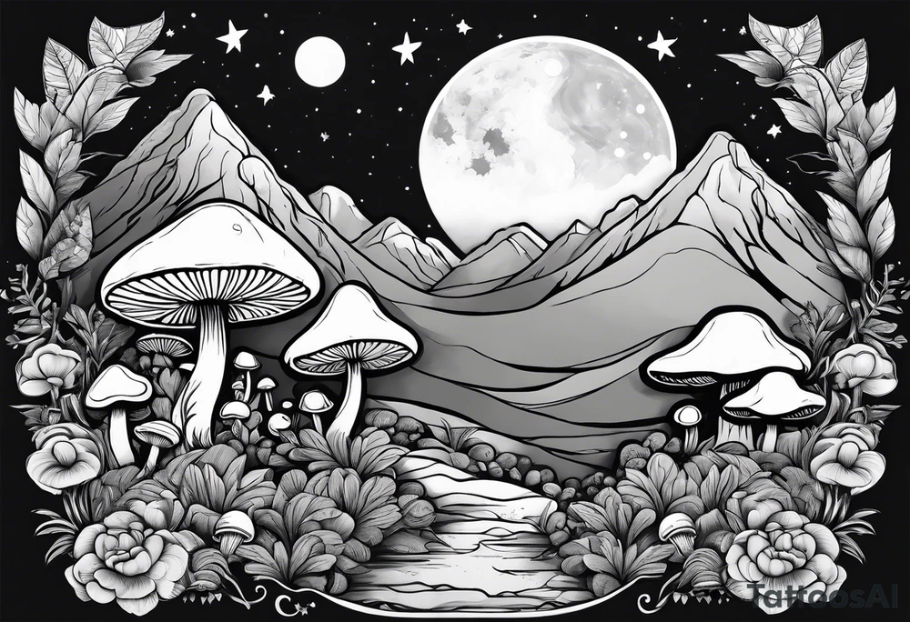 Chubby older girl surrounded by mushrooms crescent moon mountains background tattoo idea