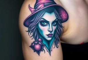 A witches portrait with purple and teal accents and halloween ornaments tattoo idea