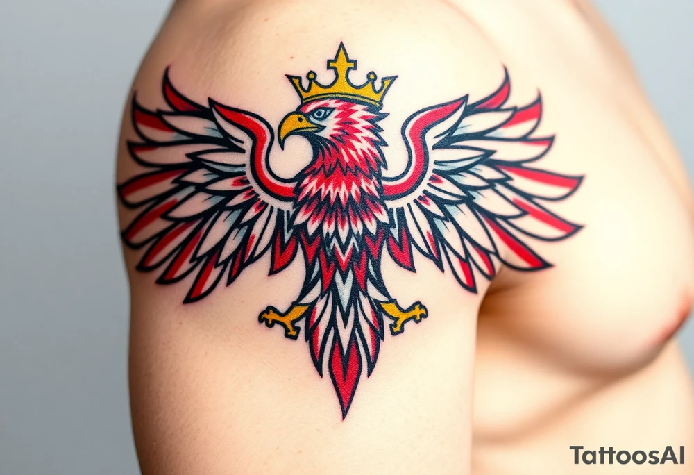 A majestic red and white Moravian eagle with golden crown on its head with intricate tribal patterns tattoo idea
