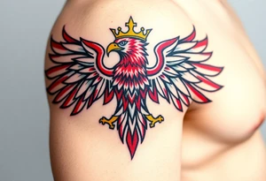 A majestic red and white Moravian eagle with golden crown on its head with intricate tribal patterns tattoo idea