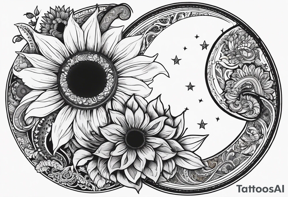 Sunflower, paisley, moon, 3 old fashioned pocket watches, witchy tattoo idea