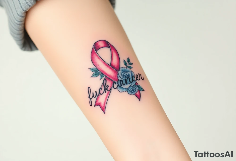 Pretty pink Cancer ribbon that says "fuck cancer"with blue roses tattoo idea