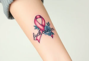Pretty pink Cancer ribbon that says "fuck cancer"with blue roses tattoo idea
