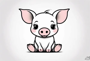 cute simple piglet sitting on bum. big eyes, small/floppy ears. thin lines minimal shading, black and white only, with text "friends not food", white background tattoo idea