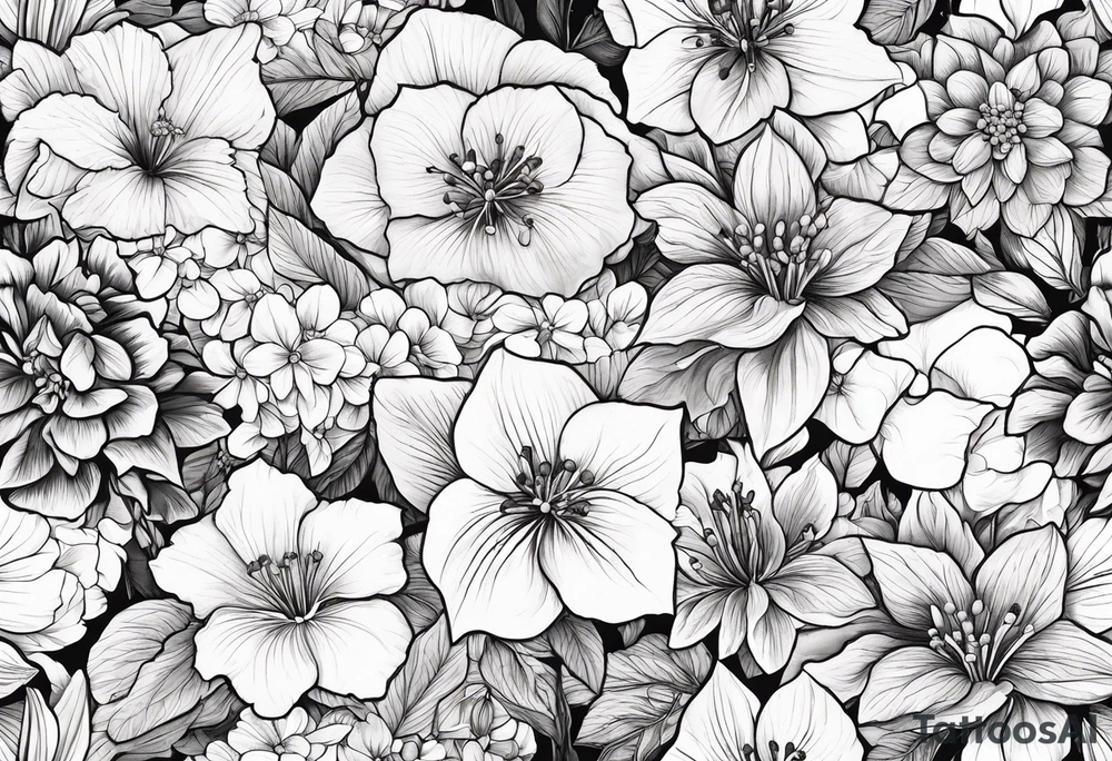 Hydrangea, Narcissus, Poinsettia, Holly, Gladiolus, Poppy, Daisy, Sweet Pea floral tattoo idea