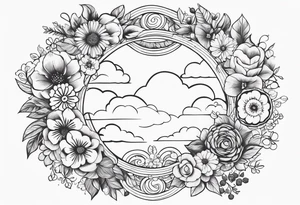 floral clouds circle vignette tattoo idea