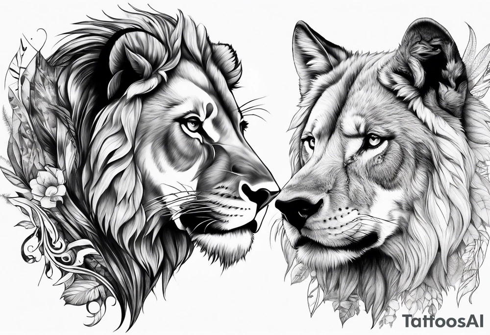 lion and wolf together but playful tattoo idea