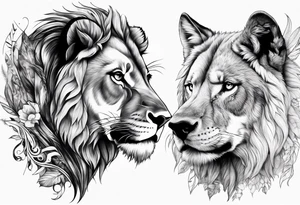 lion and wolf together but playful tattoo idea