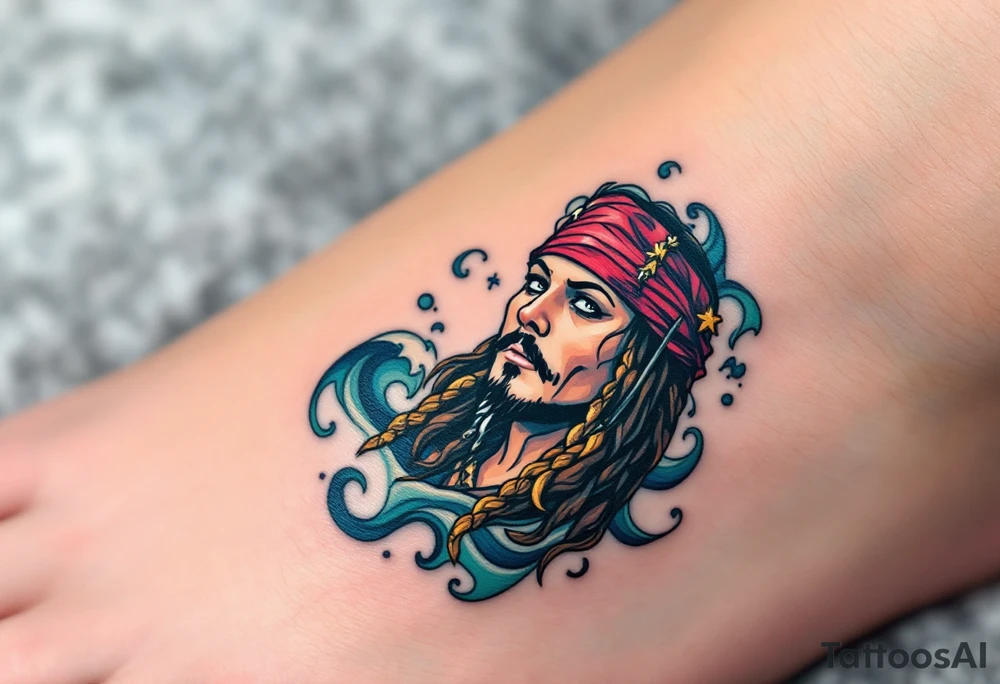 A detailed portrait of Jack Sparrow’s face, with his signature braided beard and beads, surrounded by a backdrop of swirling ocean waves in shades of deep blue and turquoise, creating a sense of adventure. tattoo idea