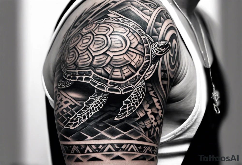 Full Polynesian tribal sleeve with turtle on top tattoo idea