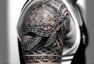 Full Polynesian tribal sleeve with turtle on top tattoo idea