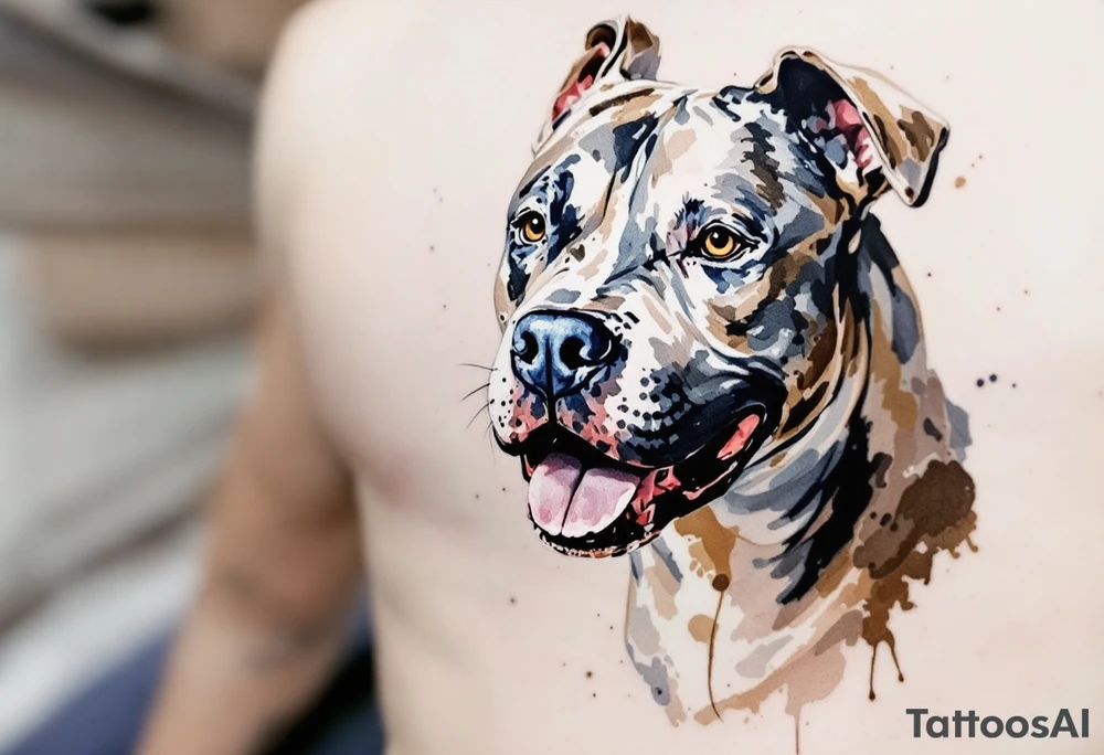 Watercolor pitbull portrait, soft washes of gray, blue, and brown, with expressive brush strokes highlighting the dog’s emotion. tattoo idea