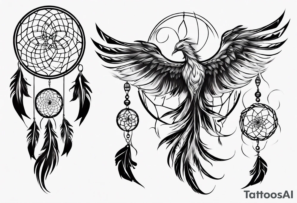 Phoenix with abstract dream catcher tail tattoo idea