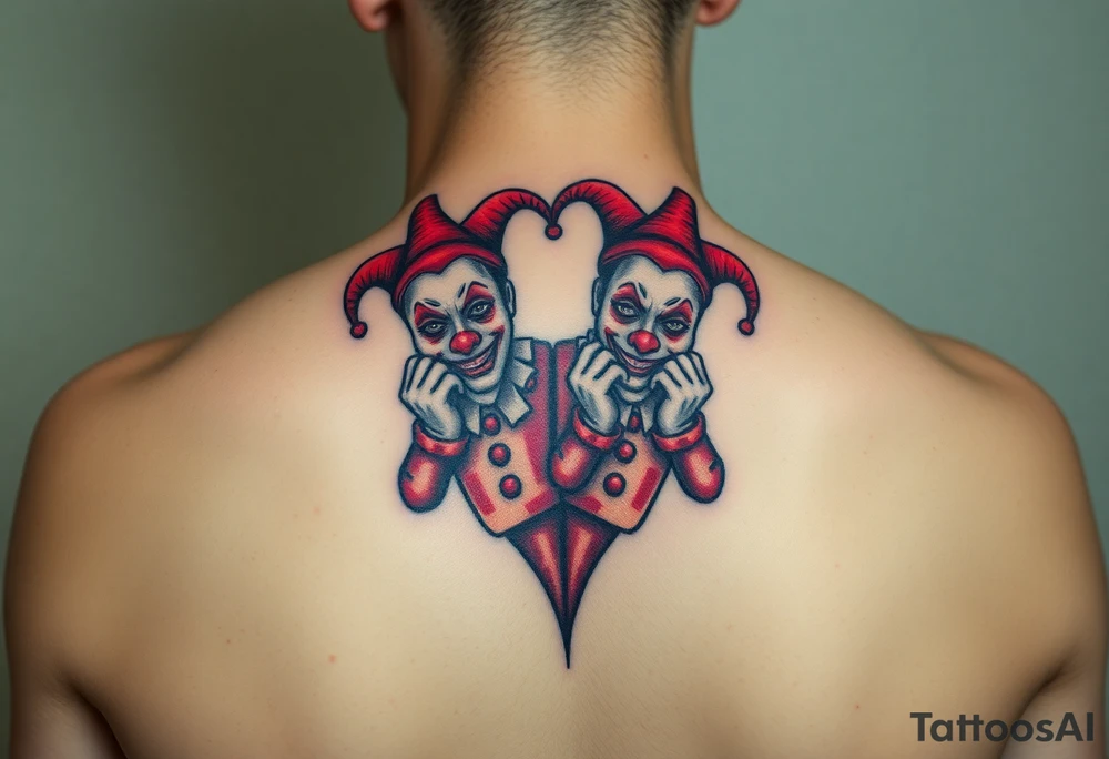 two jester clowns standing behind each other holding cheeks up to smile tattoo idea