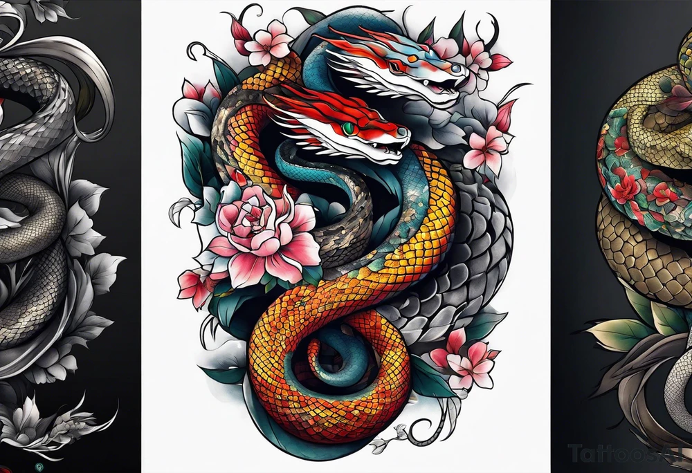 sleeve tattoo of a snake with Japanese designs tattoo idea