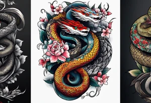 sleeve tattoo of a snake with Japanese designs tattoo idea
