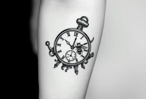 Imaginez un tatouage noir et blanc pour l'avant bras avec horloge affichant 6h40, avec  le Colisé en arrière plan du tatouage  un gladiateur avec une abeille sur le bouclier  une carte de la Corse tattoo idea