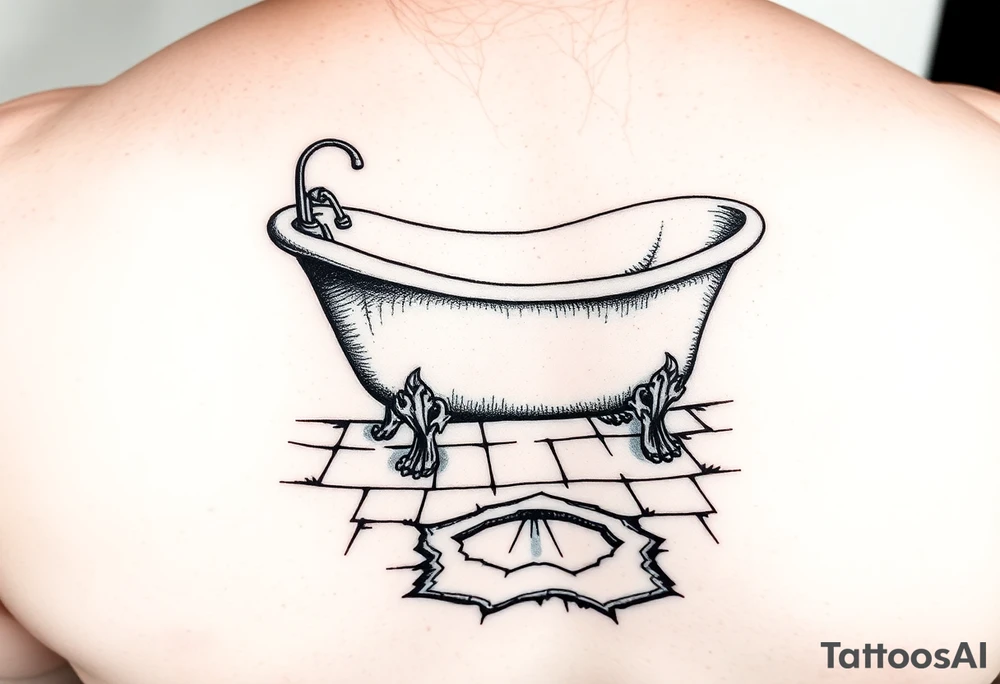clawfoot bathtub on a tile floor and light coming up out of a crack on the floor tattoo idea