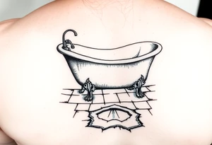 clawfoot bathtub on a tile floor and light coming up out of a crack on the floor tattoo idea