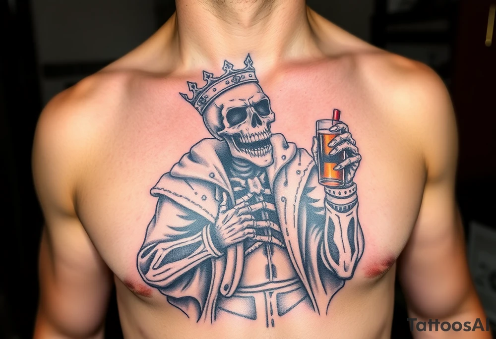 evil skeleton king in clothes having a good time getting drunk tattoo idea
