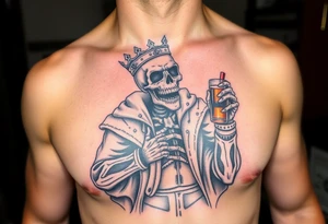 evil skeleton king in clothes having a good time getting drunk tattoo idea