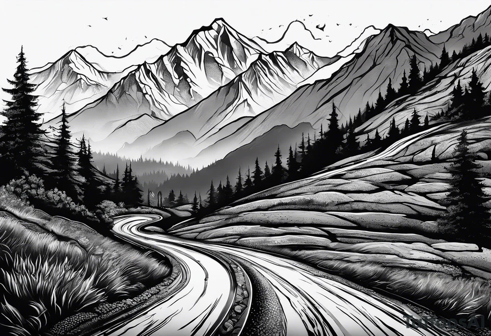 Road through mountains tattoo idea