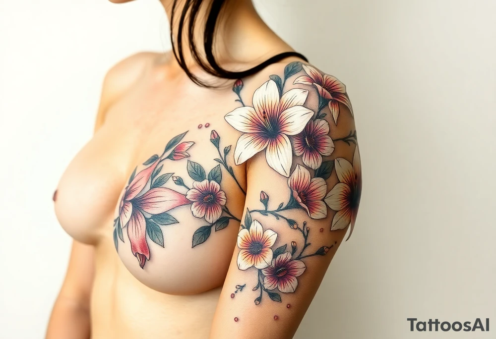 This is a Japanese themed tattoo of a string of flowers in bloom on a woman. It starts on her left side of the chest on the pectoral above the nipple and goes up. It starts with a Glaiolus and Daisy pushed together. The tattoo rises over the left shoulder and down the arm and ends at the elbow. The tattoo will feature a primroses, Calla Lilys, and Lillys. They can have multiple flowers but 1 of each will pop with shading and be colored in. tattoo idea