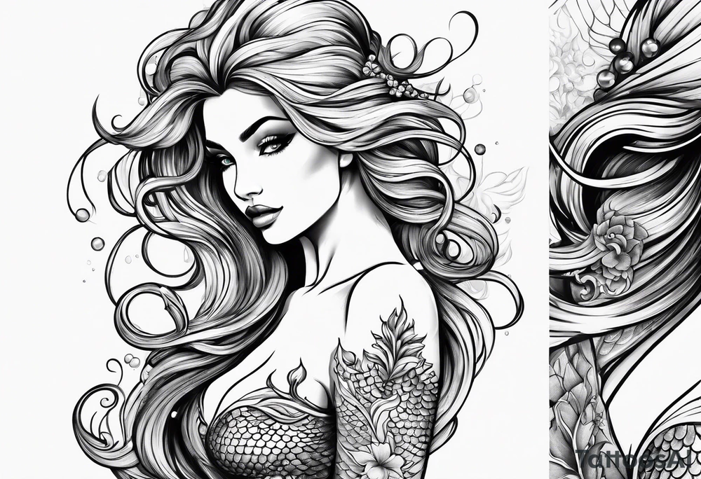sexy full bodied mermaid with flowing tail and hair, tattoo sleeve tattoo idea
