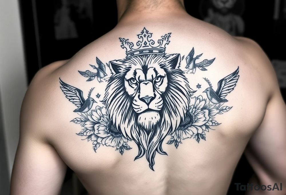 powerful majestic lion with a crown, surrounded by floral ornaments and birds tattoo idea