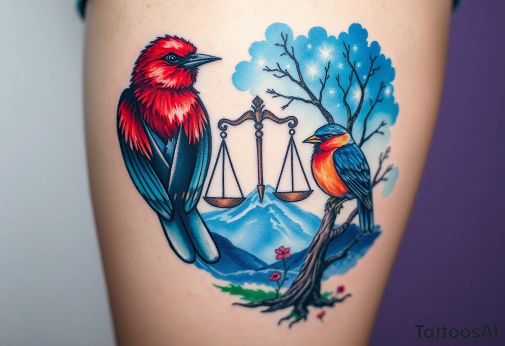 2 birds as the focus, one of the birds red wearing a suit, other bird navy blue with glasses or holding a book, scales of justice built into a tree, starry night painting and mountain background tattoo idea