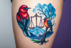 2 birds as the focus, one of the birds red wearing a suit, other bird navy blue with glasses or holding a book, scales of justice built into a tree, starry night painting and mountain background tattoo idea