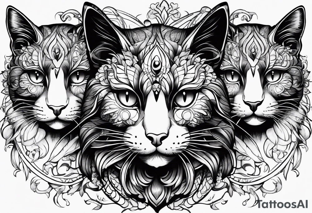 three cat heads next to next with first ones hands on its eyes next ones hands on its mouth and next ones hands on its ears tattoo idea