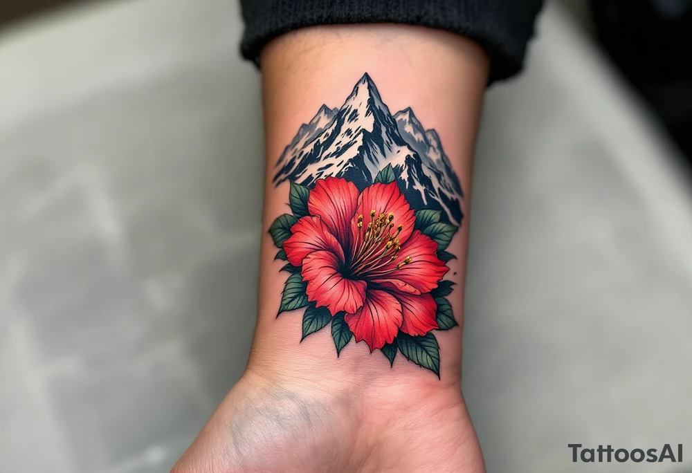 vertical wrist size red  and black rhododendron trippy with Himalayas behind tattoo idea